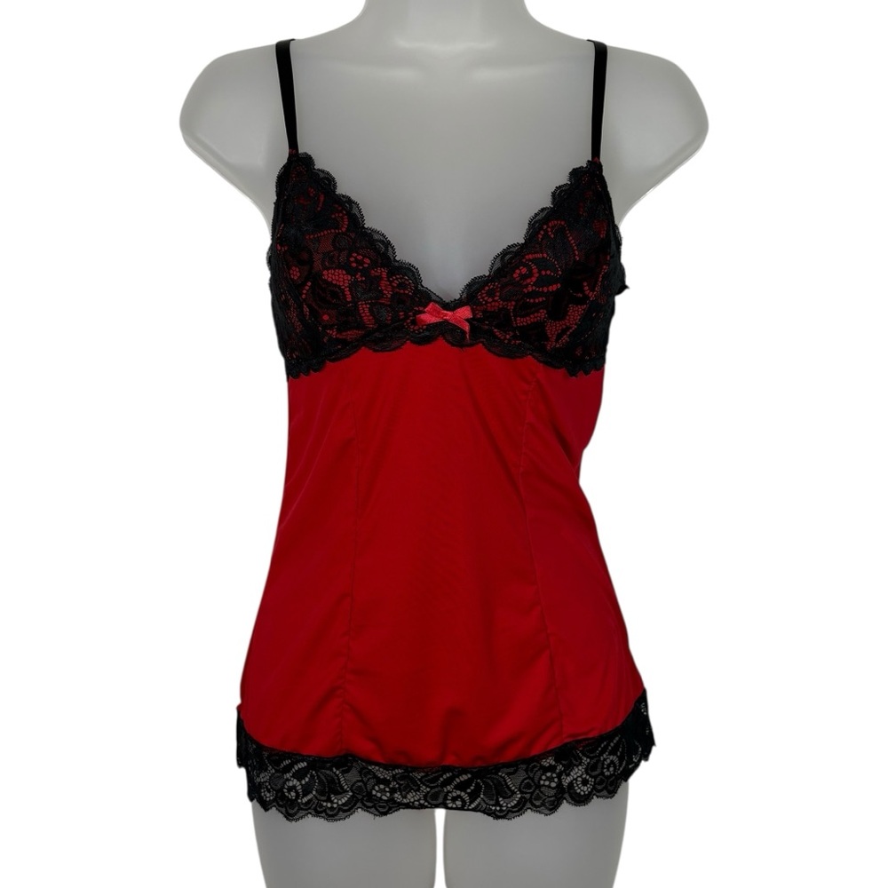 Rene Rofe Vintage Y2K Silky Red Black Vampy Dark Romance Lace Trim Tank Top M/L